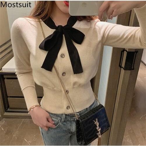 2020 Autumn Korean Casual Knitted Sweaters Tops Women Long Sleeve Bow Collar Pullovers Fashion Vintage Ladies Slim Sweaters