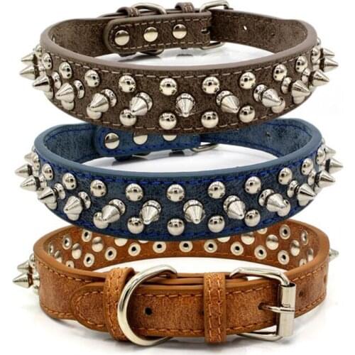 PU Leather Pet Dog Rivet Collars Retro Punk Style Round Bullet Nail Necklace Spiked Strap Small Dogs Cat Collar Pet Products