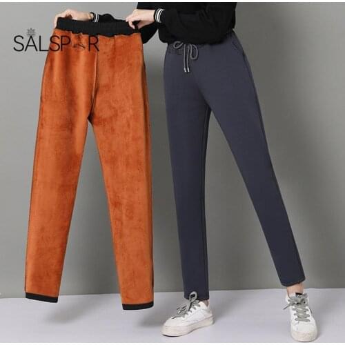 SALSPR Women Winter Warm Pants Plus Size Velvet Thick Trousers High Waist Elastic Middle Stretch Straight Sports Casual Pants
