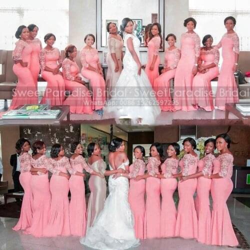 Pink Sheer Lace Mermaid Bridesmaid Dresses With 3/4 Long Sleeves Illusion Boat Neck Wedding Party Dress Formal Gown