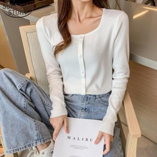 All-match Single-breasted Slim Long Sleeve Sweater Women New Autumn and Winter Square Collar Knitted Solid Pullover Women 10986