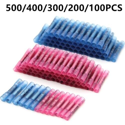 500/100Pcs Red Blue Heat Shrink Butt Wire Connectors Waterproof Insulated Automobile Wire Cable Terminals AWG 22-14 0.5-2.5mm2