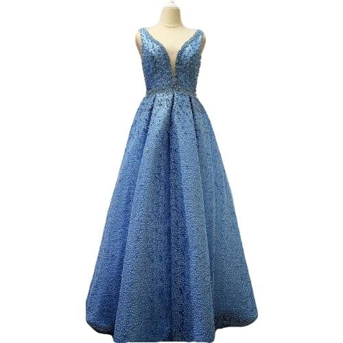 Evening Dress 2021 fashion light blue Sewing beads long v-neck Beading luckgirls Ruched Customizable prom dress mocini