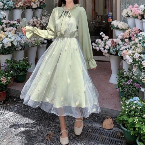 Spring College Chiffon Long Sleeve Fairy Dress Party Green Dresses Kawaii Clothes Women Clothing Harajuku Korean Lace Fashion