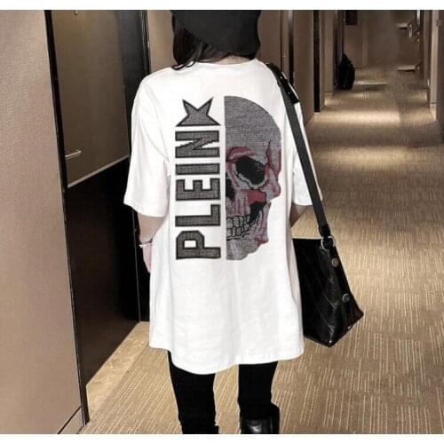 Hot drilling Women summer Girls Casual Skulls T-shirt Short Sleeve Loose Tshirt Tops femme Rhinestone Street wear