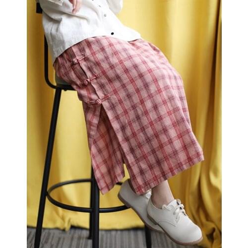 New Fashion Sweet Pink Plaid Side Frog Buttons Opening Women Cotton Linen Skirt, Summer Preppy Young Ladies Half Length Skirts