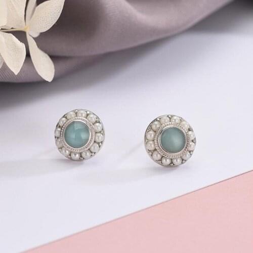 High Quality Real 925 Sterling Silver Stud Earrings For Women Statement Natural Freshwater Pearl Vintage Green Stone Earring Party Gifts Fashion Jewelry