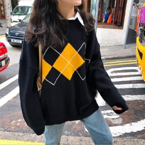 Women sweaters 2021 fashion autumn winter rhombus long sleeve casual women top new round neck loose pullover female