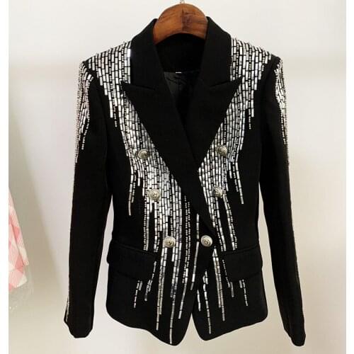 2021 New Female Coat Jackets Double Breasted Sequined Beading Luxury Suit Metal Lion Button Lapel Slim Blazer For Women Y1295