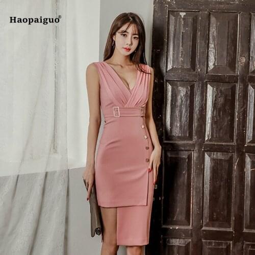 Solid Summer Women Asymmetrical Dress 2019 Plus Size Tank V-neck Sleeveless Elegant Office Lady Dress Work Party Button Dresses