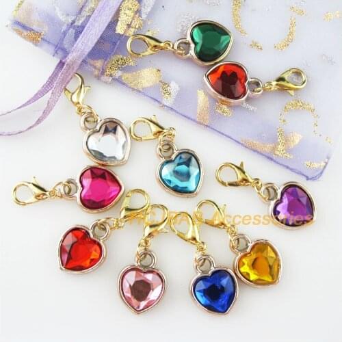 10 New Heart Charms Mixed Acrylic KC Gold Color With Lobster Claw Clasps 12.5x16.5mm
