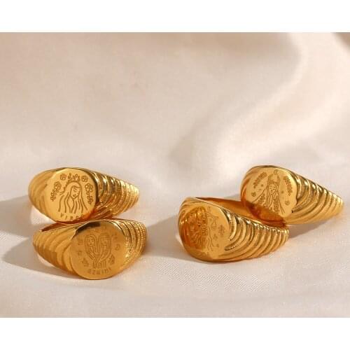 2021 New Design 12 Zodiac Sign Jewelry Handmade Engraving Texture Stainless Steel Horoscope Gold Zodiac Rings For Women