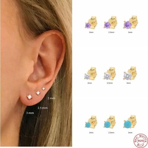 Aide 925 Sterling Silver 2/2.5/3mm Round Rhinestone Stud Earrings Minimalist Four-claw Colored Zircon Ear Studs Jewelry 3PCs
