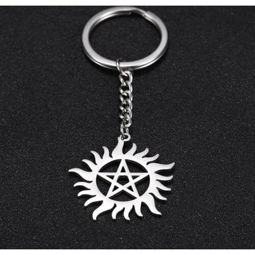 SKYRIM Shinning Sun Pentagram Charm Car Keychain Supernatural Dean Stainless Steel Key Chains Key-ring Holder Pendant For To Bag