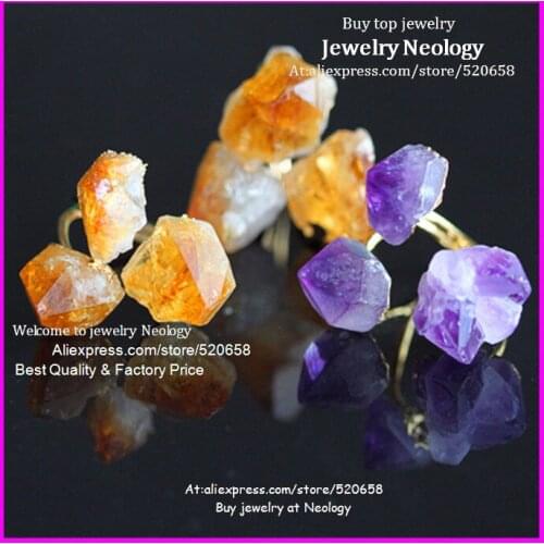 Free ship! 6pcs of Gold 24 kt. Plated Nature Crystal gem Points ring,druzy stone crystal and yellow quartz ring