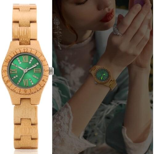 Crystal Green Dial Wood Watch Womens Watches Chic Slim Thin Wooden Bracelet Band Quartz Wristwatches Clock Female Reloj Mujer