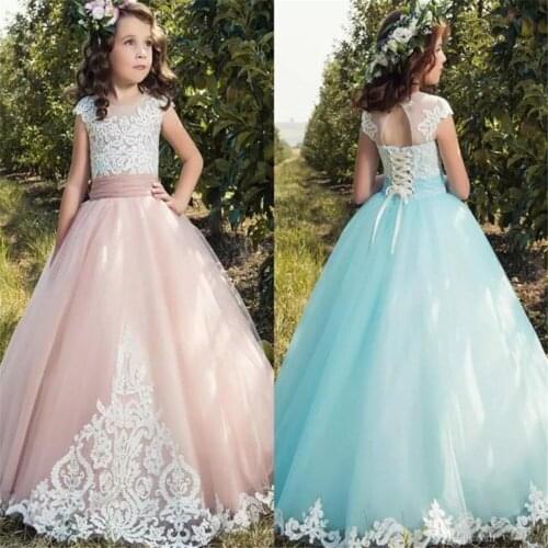 Kids Lace Applique Flower Girls Dresses Kids Pageant Party Wedding Ball Gown Princess Formal Occassion Holy Communion Girl Dress