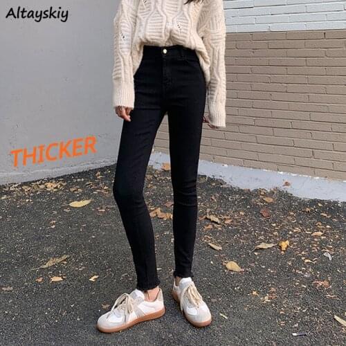 Pencil Jeans Women Thicker Korean Style Solid Basic Stretchy Ulzzang Leisure All-match College Female Bottom Denim Spring 2021