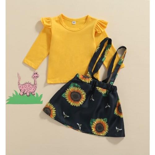 FOCUSNORM 2pcs Lovely Kids Girls Autumn Clothes Sets 1-6Y Long Fly Sleeve Solid T Shirts Sunflowers Printed Suspender Skirt