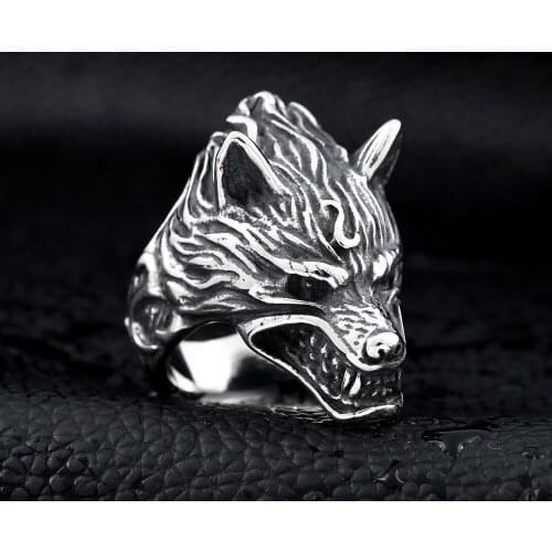 Vintage Viking Wolf Titanium Steel Skull Biker Gothic Punk 316L Stainless Ring For Men Retro Male Design Round Bands Rings