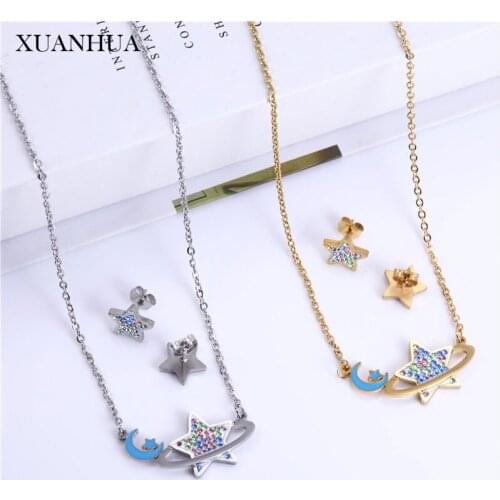 XUANHUA Star Moon Multi Layer Necklace Earrings Set Stainless Steel Jewelry Sets Fashion Jewelry Accessories Gifts For Girls