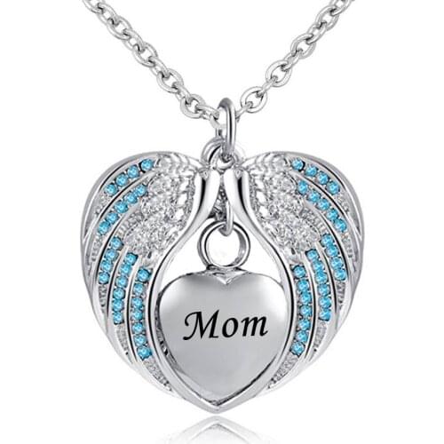 Cremation Jewelry with Angel Wing Urn Necklace for Ashes Birthstone Pendant Holder Heart Memorial Keepsake -Mom