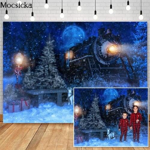 Mocsicka Christmas Train Photography Backdrops Winter Snow Night Moon Photo Props Studio Booth Background Gift Elk Decoration