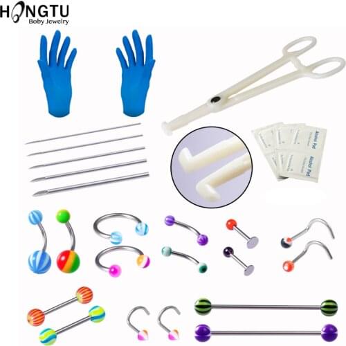 Body Piercing Tools Kit Clamp Gloves Needles Belly Ring Industrial Earring Cartilage Nose Labret Tongue Piercings Body Jewelry