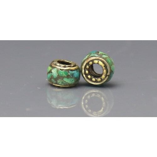NBB527 Nepal Hand Copper Inlaid Stone Loose Barrel Beads Big Hole Tibtan Spacers 10x6mm 10Beads lot