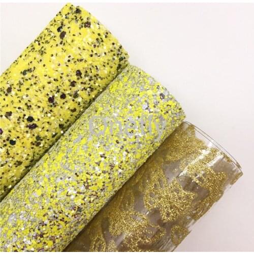 Onefly 21X29CM Yellow Chunky Glitter Fabric, Transparent PVC with Gold Glitter butterfly For Bow DIY handbags shoes AQ056