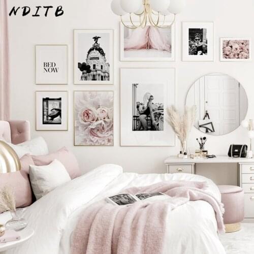 Black White Woman Fashion Poster Nordic Pink Floral Wall Art Canvas Print Photography Painting Girl Room Decoration Picture