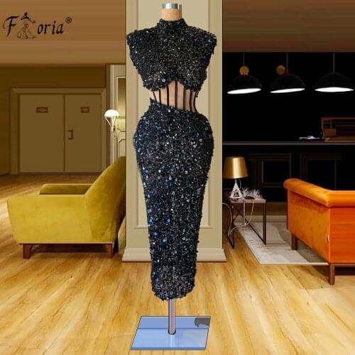 Real Sample Black High Neck Luxury Beaded Sequined Evening Dresses 2021 African Women Sparkly Mermaid Formal Party Gowns
