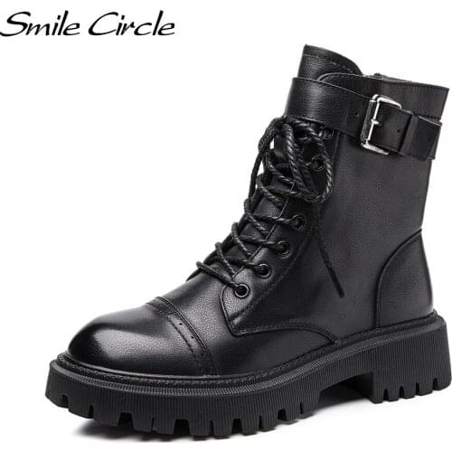 Smile Circle Cow Leather Ankle Boots Women Platform Boots Ladies Shoes British style zipper Hasp Short Motorcycle Boots Autumn