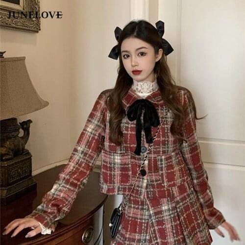 JuneLove Women 2021 Autumn Plaid Bow Woolen 2pc Sets Female Elegant Korean Wool Jacket+Pleated Skirt Suit Lady Fashion Clothes
