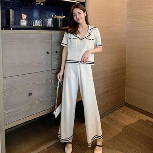 2020 Summer Women Knitted Pants Set Sweaters 2pcs Suits Short Sleeve Striped Single-breasted Cardigan Top+Wide-leg Trousers Set