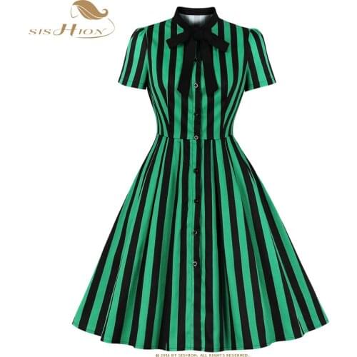 SISHION Green Striped Cotton Dress Women Short Sleeve Vintage Swing With Pocket Ladies Summer Dress VD1053