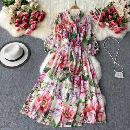Vintage Long Sleeve Sweet Bow-tie collar Vestidos Female Flower Print Dress robe Women Fashion Dresses платье летнее женское2021