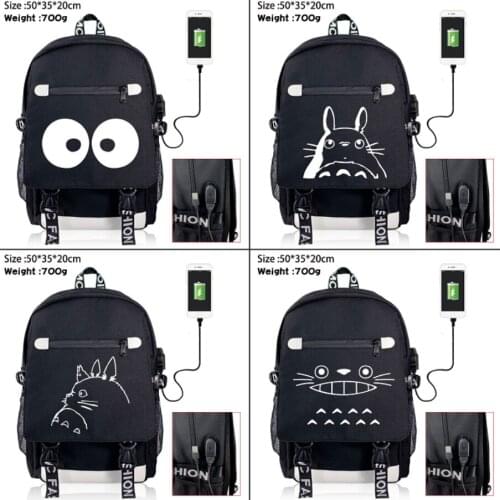 Anime Totoro No-Face Man Canvas USB Charging Backpack Zip School Bag Shoulder Bag Mochila Laptop Bag Travel Bag Rucksack