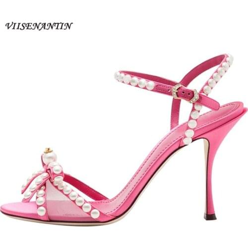 Pearl Crystal Straps High Heel Sandal Shoes Pink Leather Thin Heel Stiletto Bowtie Knot Sweety Girl Summer Dress Sandalias