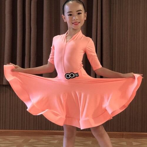 Children Latin Dance Girls Costume Competition Dresses Pink V-Neck Chacha/Samba/Rumba/Ballroom Dancing Clothes Standard BL4766