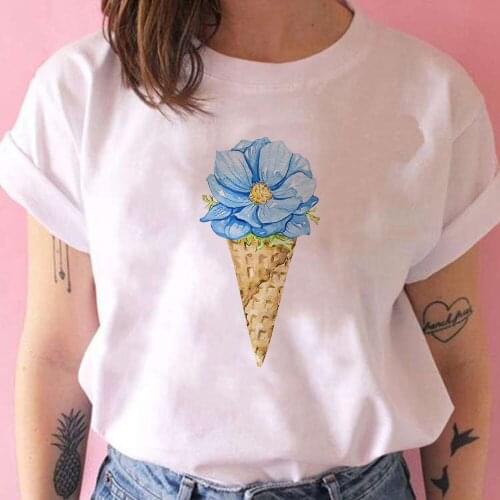 Ice Cream Blue Rose Printed Women T-shirt Harajuku Oversize T-shirt Protect Valentines Day Short Sleeve Vogue Tshirt Female