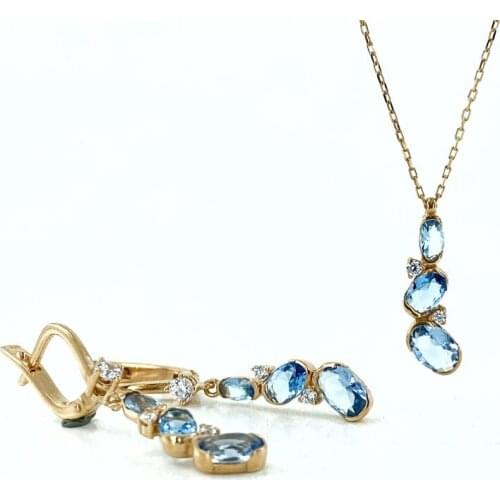 Blue Topaz Top Quality Gold Model Necklace Earring Silver Set