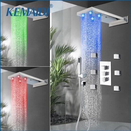 KEMAIDI LED Rainfall Shower Head Luxury Wall Mounted Square Style Brass Waterfall Shower Set New Bathroom Shower With Handle