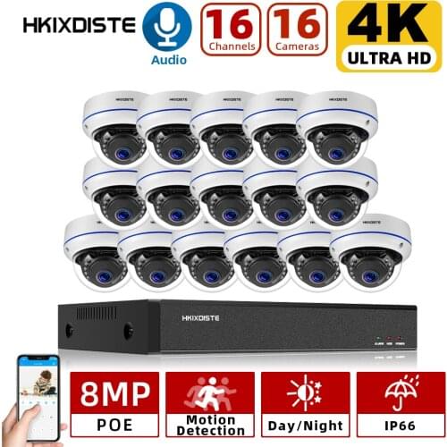 HKIXDISTE 8MP NVR kit 16CH Video Surveillance IP camera Set Indoor Home CCTV Security Camera System Kit 4K 8CH POE NVR XMEYE