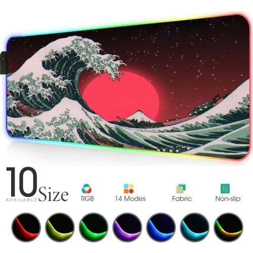 Japanese Wave Art Led Mouse Pad Gamer Gaming Accessories Play Mat with Backlight Slipmat Rgb Carpet Led Mat for Computer Laptop
