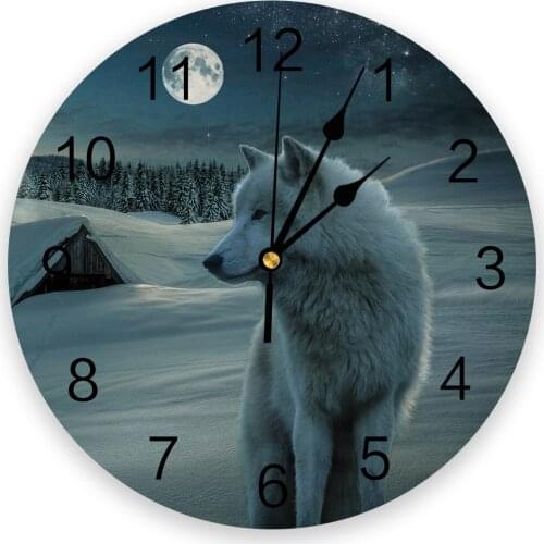 Full Moon Snowfield Wolf Starry Sky Creative Wall Clock For Home Office Decoration Living Room Bedroom Kids Room Hanging Watch