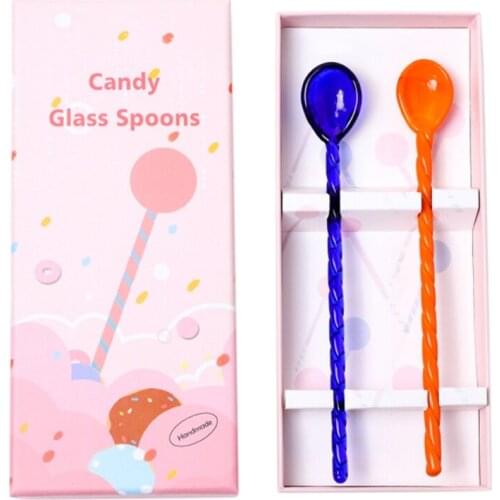 M17D 1 Set Gift Box Glass Material Coffee Spoons Tea Spoon Dessert Stirring Spoon Sets Milkshake Spoons for Tableware Kitchen
