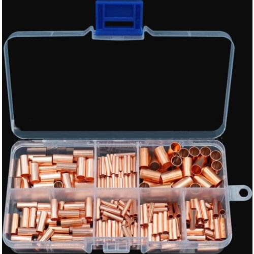 250Pcs/7Size Copper Connecting Pipe Wire Joint Small Copper Tube Intermediate Joint Direct Connection Pressure Pipe Cold Pressed