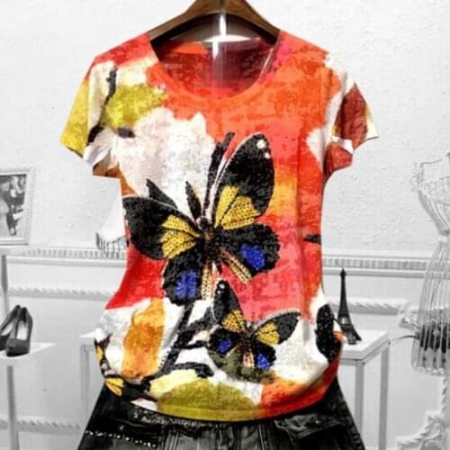 Fashion colorful printed t shirt women summer top 4XL short sleeve beasding silk o-neck top tees