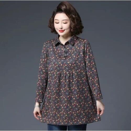 Autumn Ladies Top Tunic Women Blouse With Collar Long Sleeve Floral Cotton Basic Tee Shirt Button Up Shirts Loose Casual